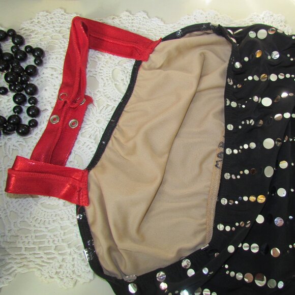 GIRL'S XL DANCE COSTUME, ROARING 20s FLAPPER WEISSMAN BLACK w RED FRINGE, EXTRAS - Picture 9 of 10